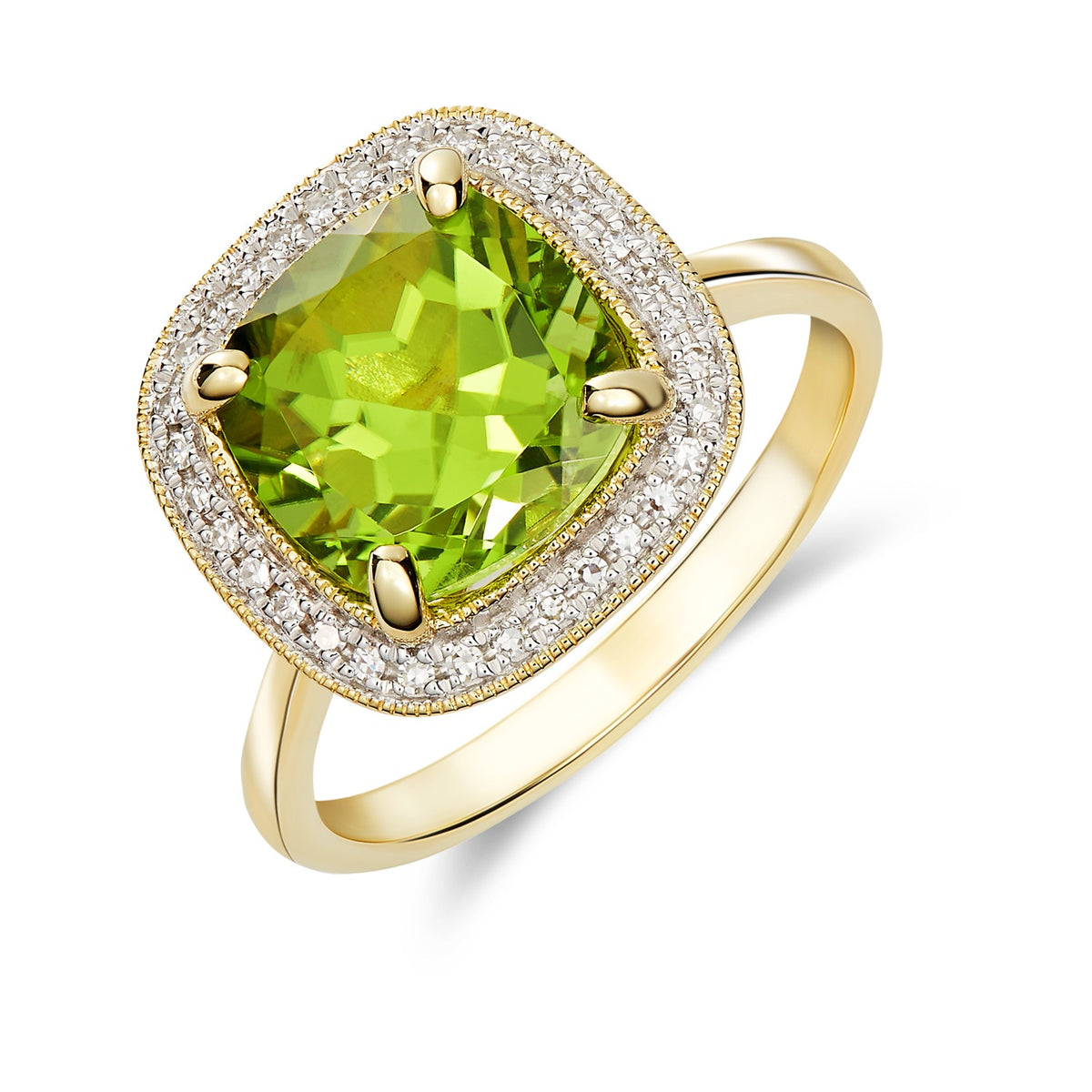 9ct Yellow Gold 9mm Cushion Peridot and Diamond Cluster Ring with Milgrain Edge Rhodium to Diamonds ( Not Currently Available Due to Stone Shortage )