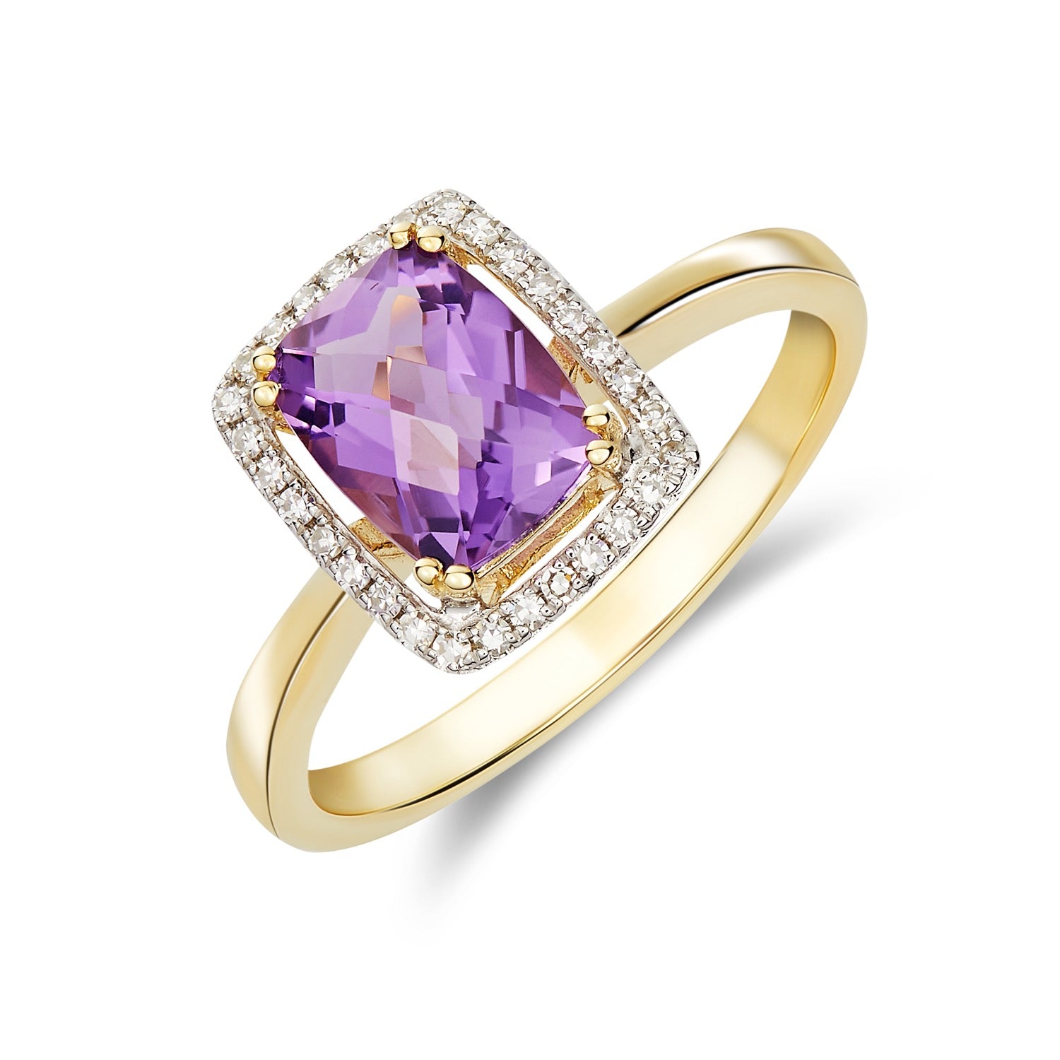 9ct Yellow Gold 8x6 Cushion Checkerboard Cut Amethyst & Diamond Halo Cluster Ring Rhodium to Diamonds