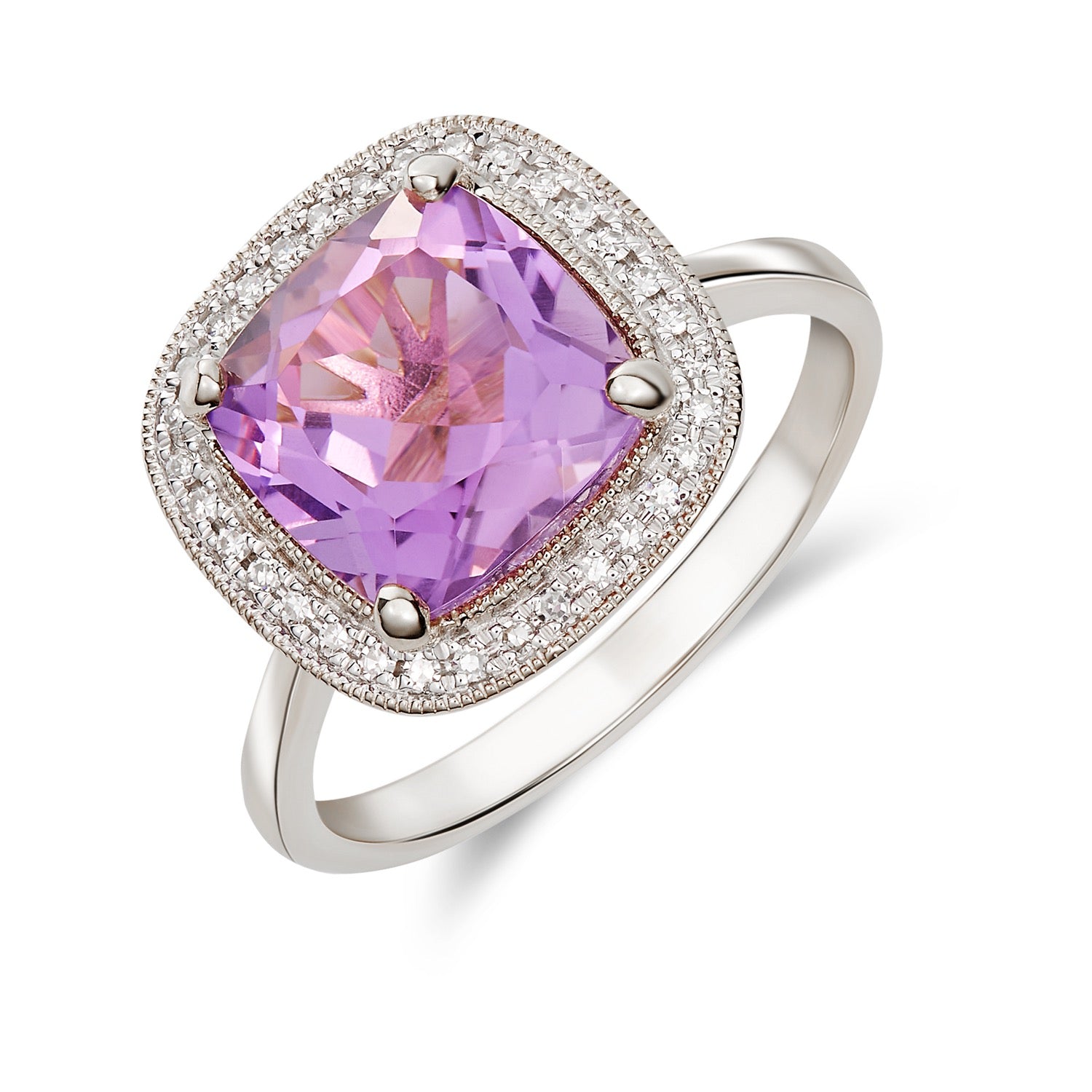 9ct White Gold 9mm Cushion Amethyst and Diamond Cluster Ring with Milgrain Edge