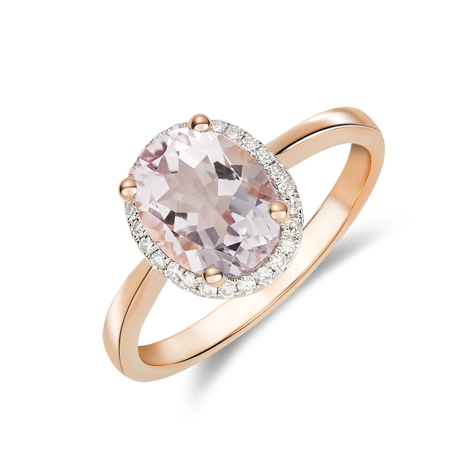 9ct Rose Gold 9x7 Oval Pink Amethyst & Diamond Claw Set Cluster Ring Rhodium to Diamonds