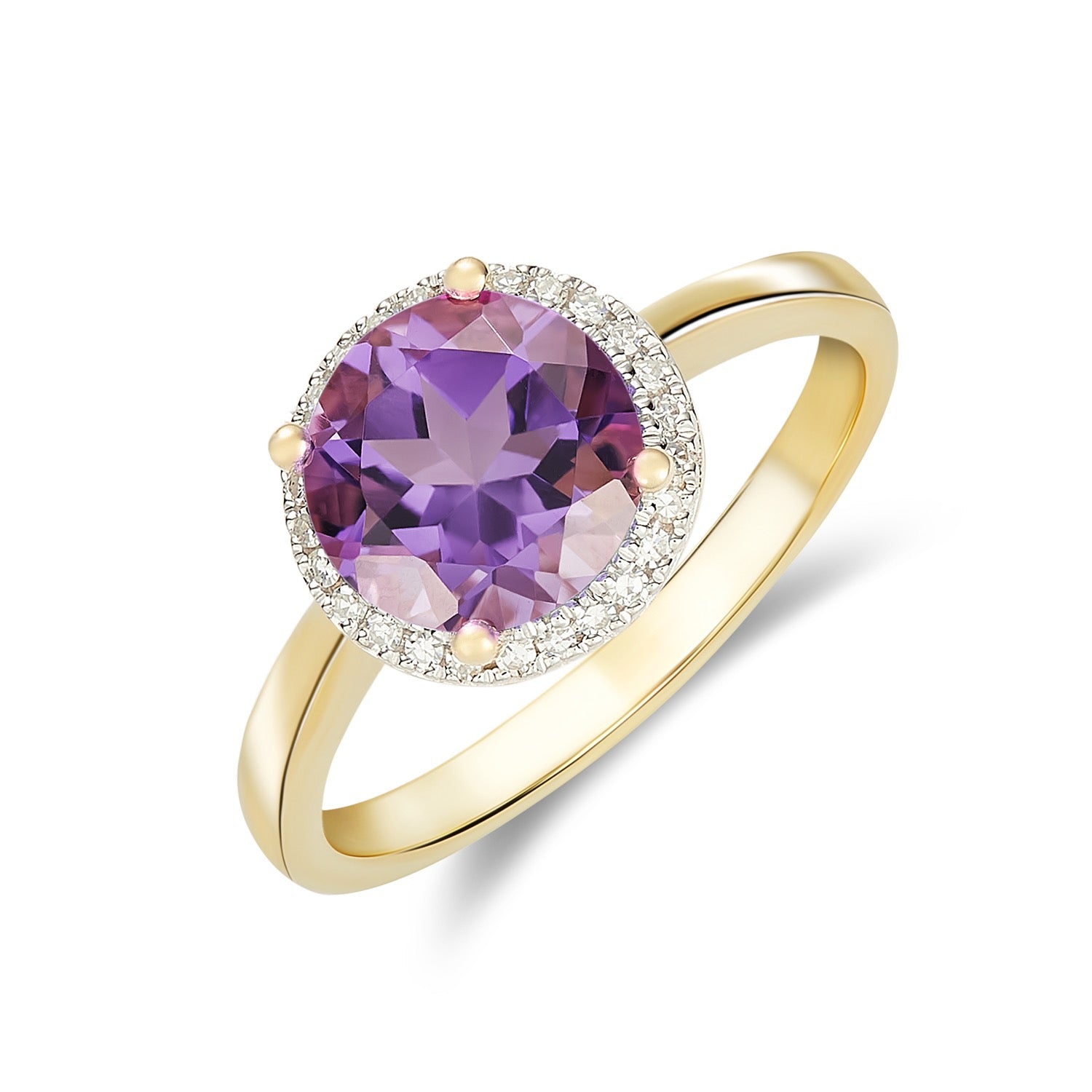 9ct Yellow Gold 8mm Round Amethyst and Diamond Claw Cluster Ring Rhodium to Diamonds