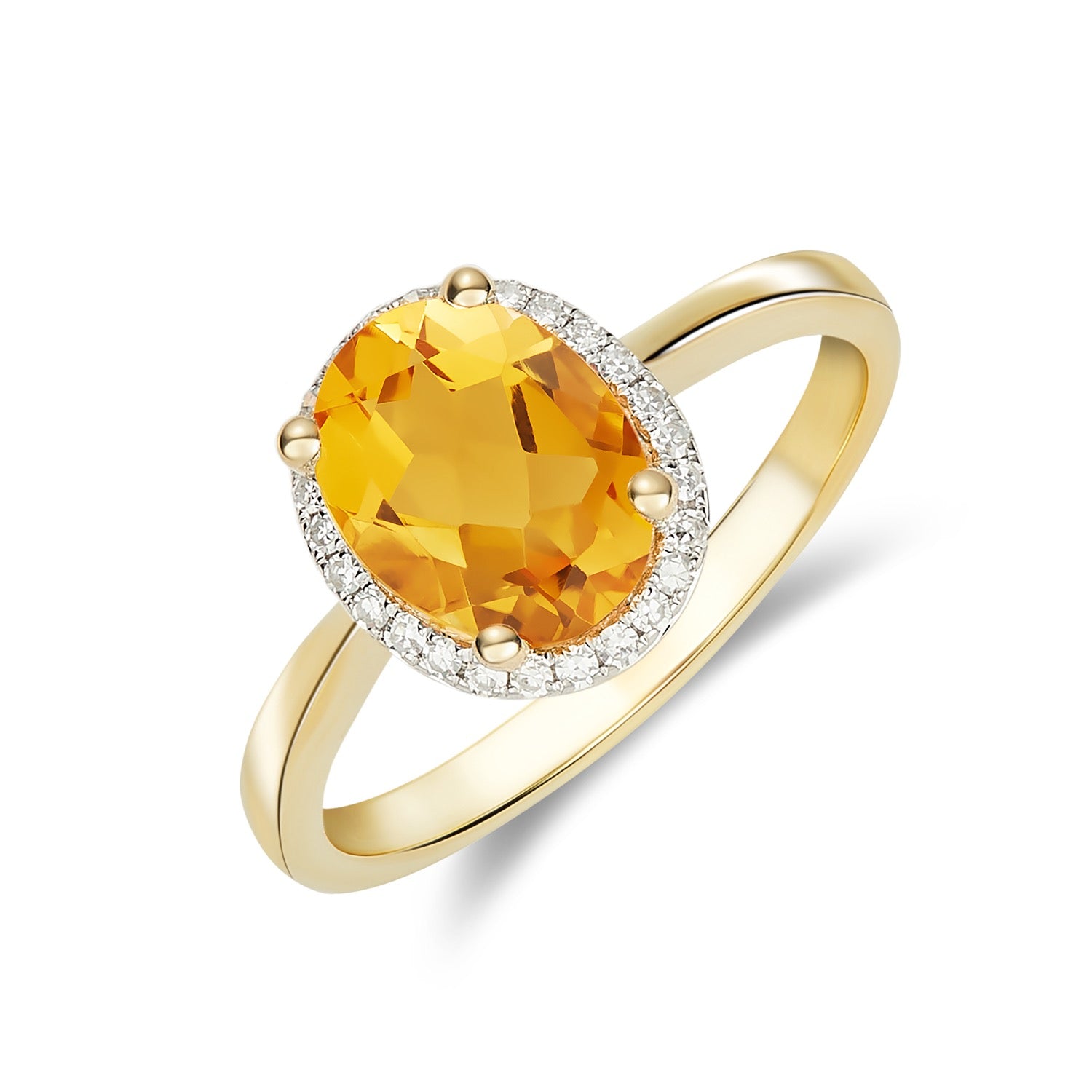 9ct Yellow Gold 9x7 Oval Citrine and Diamond Claw Set Cluster Ring Rhodium to Diamonds