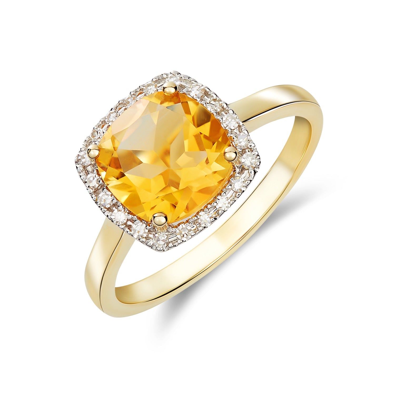 9ct Yellow Gold 8mm Cushion Citrine and Round Diamond Claw Set Cluster Ring Rhodium to Diamonds
