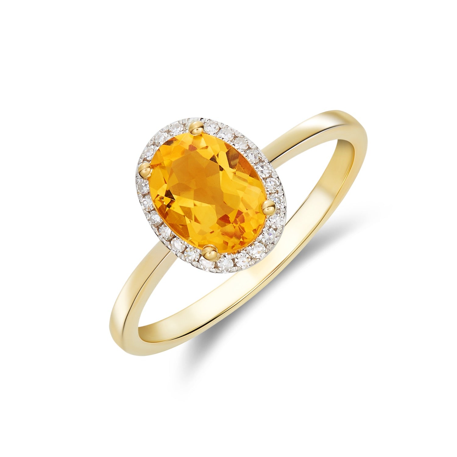 9ct Yellow Gold 8x6 Oval Citrine and Diamond Claw Set Cluster Ring Rhodium to Diamonds