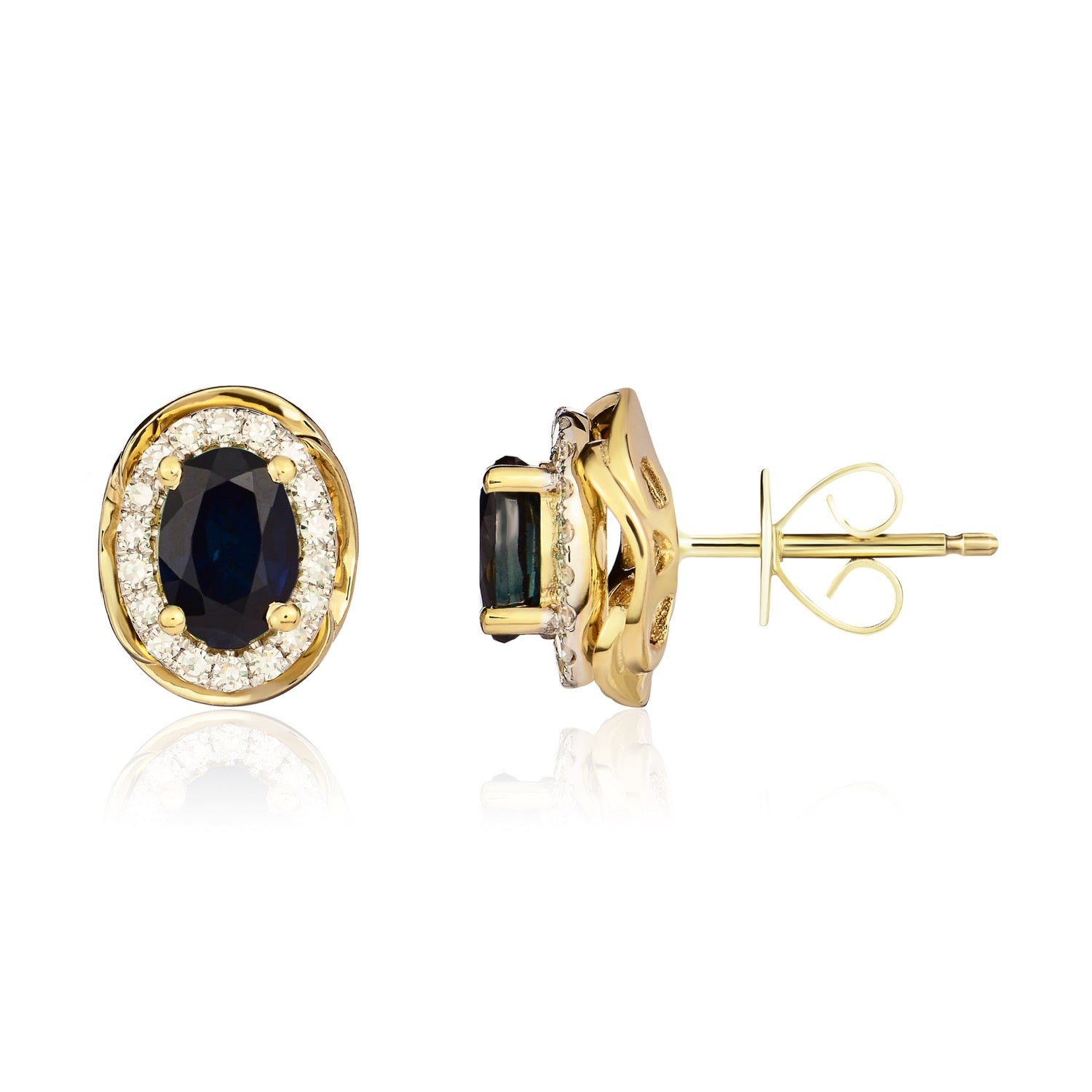 9ct Yellow Gold 6x4 Oval Sapphire & Diamond Cluster Earrings with Rope Edge Rhodium to Diamonds