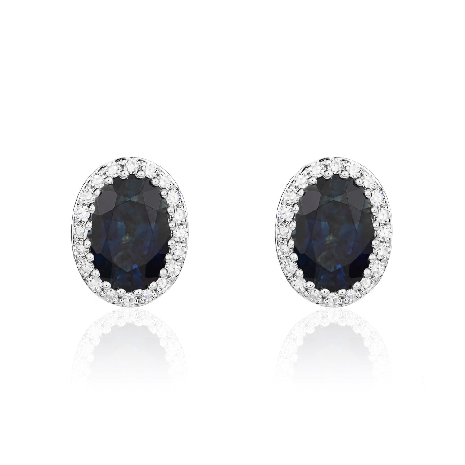 9ct White Gold 7x5 Oval Sapphire and Round Diamond Claw Cluster Earrings