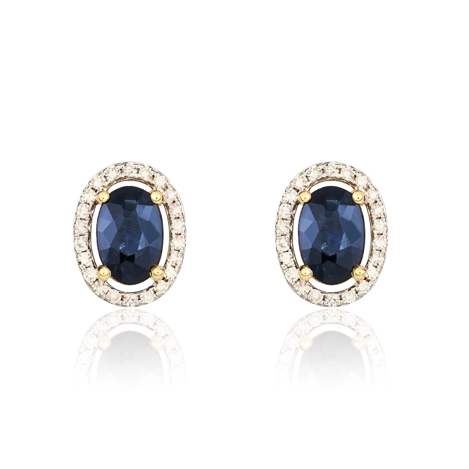 9ct Yellow Gold 6x4 Oval Sapphire and Round Diamond Halo Cluster Earrings Rhodium to Diamonds