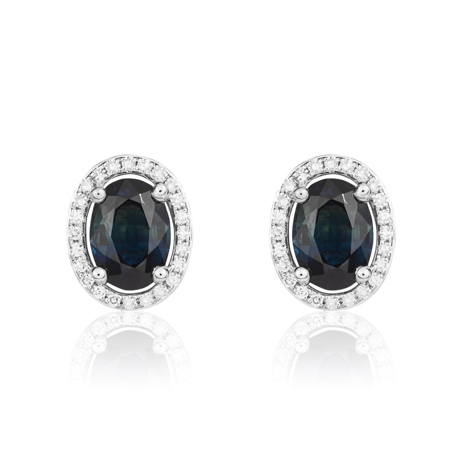 9ct White Gold 7x5 Oval Sapphire and Round Diamond Claw Set Halo Cluster Earrings