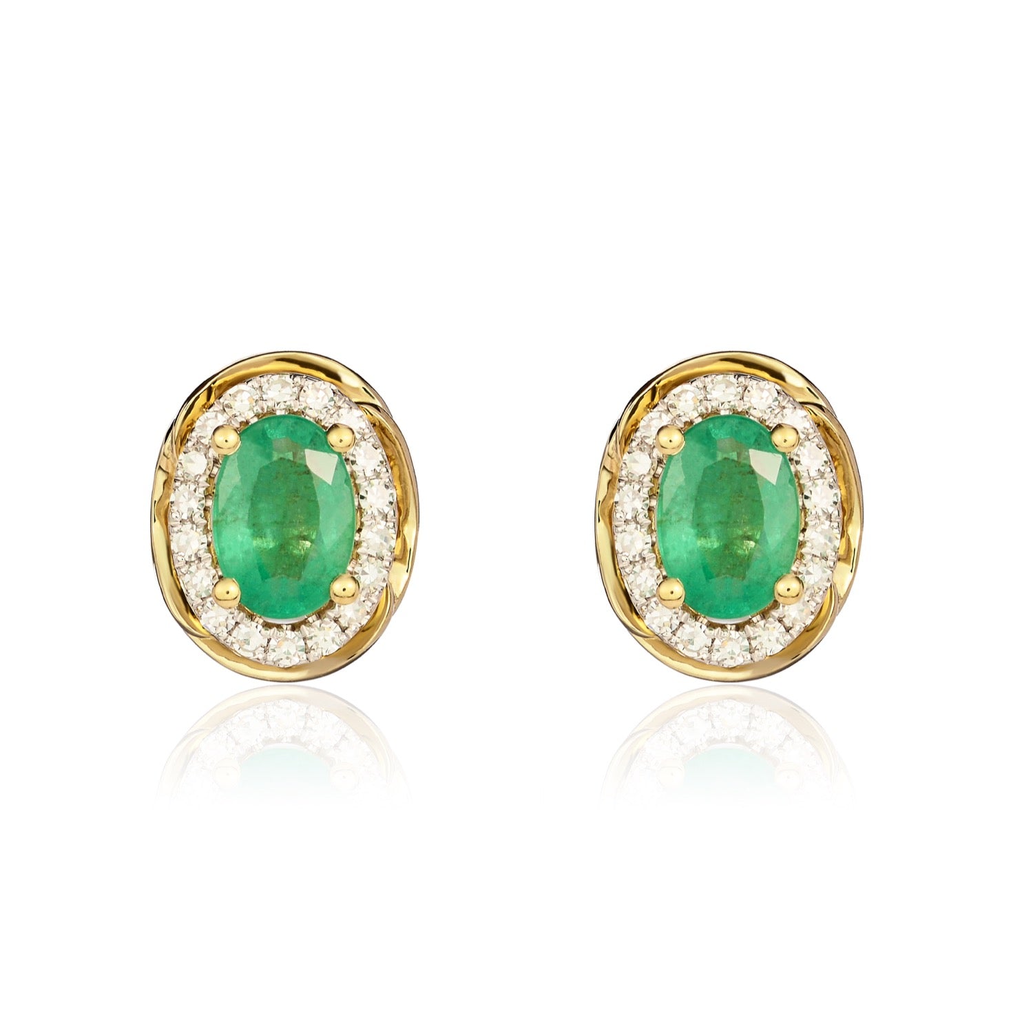 9ct Yellow Gold 6x4 Oval Emerald & Diamond Cluster Earrings with Rope Edge Rhodium to Diamonds