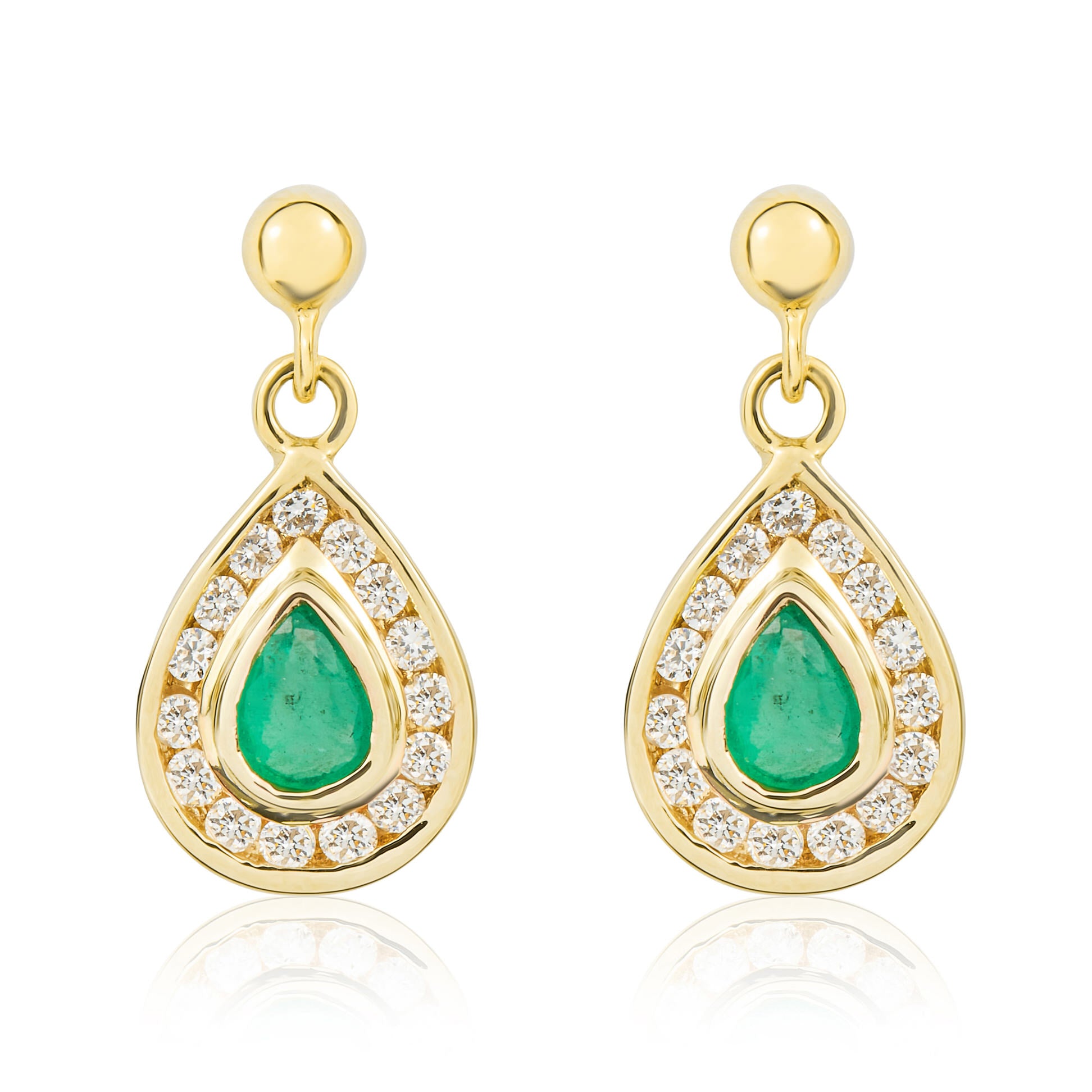 9ct Yellow Gold Pear Shape Emerald and Diamond Rubover Cluster Drop Earrings