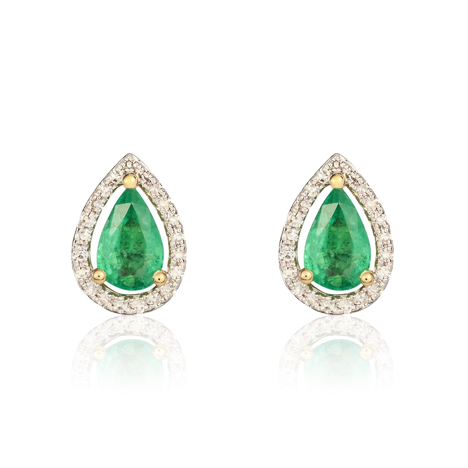9ct Yellow Gold 6x4 Pear Shape Emerald & Diamond Halo Cluster Earrings Rhodium to Diamonds