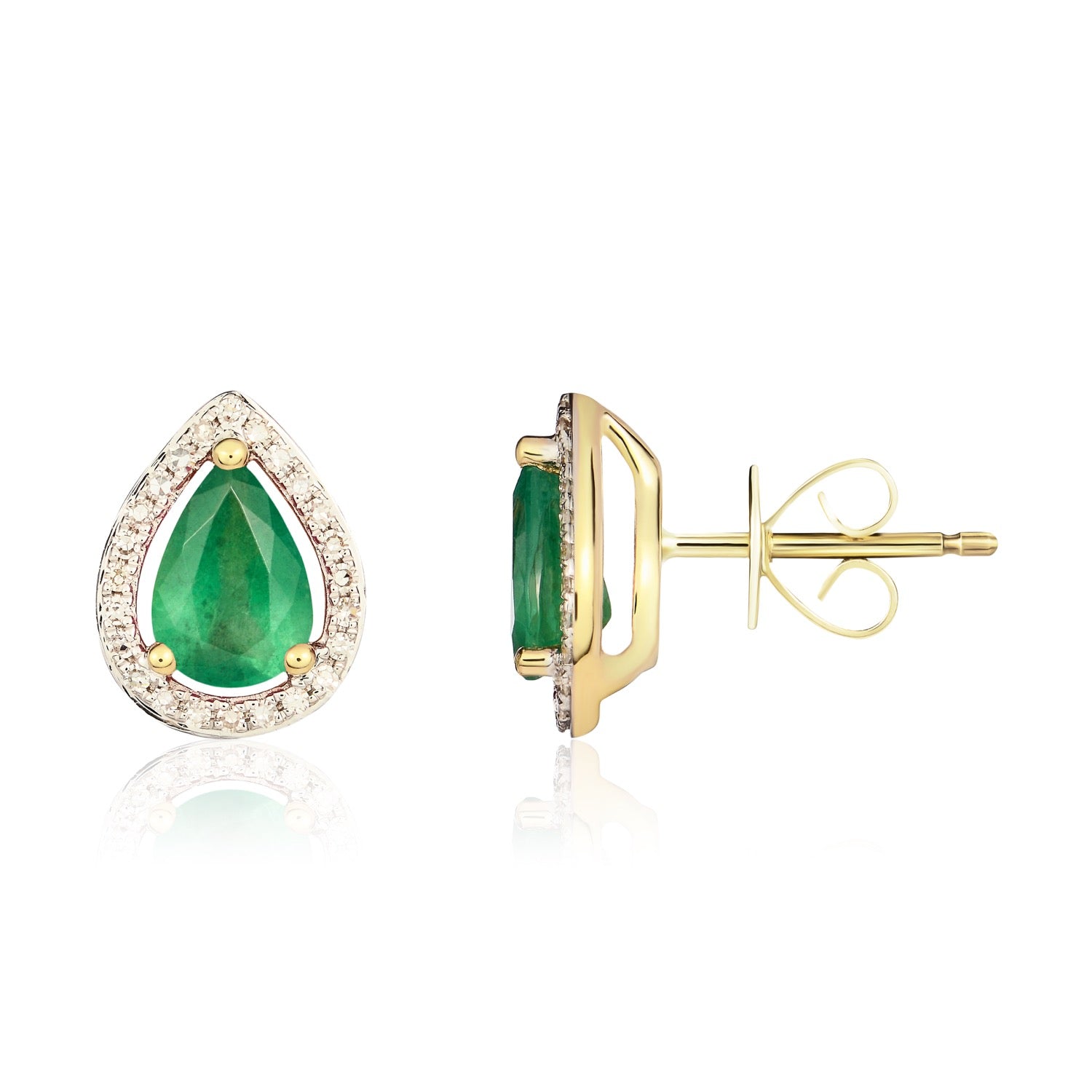 9ct Yellow Gold 7x5 Pear Shape Emerald & Diamond Halo Cluster Earrings Rhodium to Diamonds