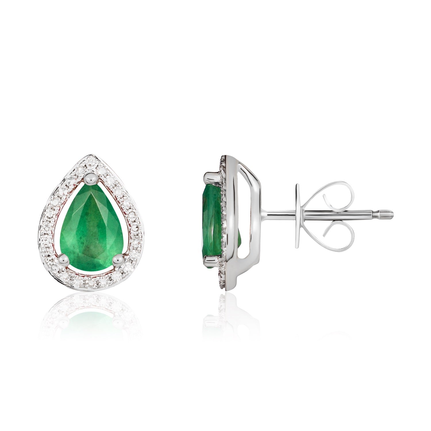 9ct White Gold 7x5 Pear Shape Emerald & Diamond Halo Cluster Earrings