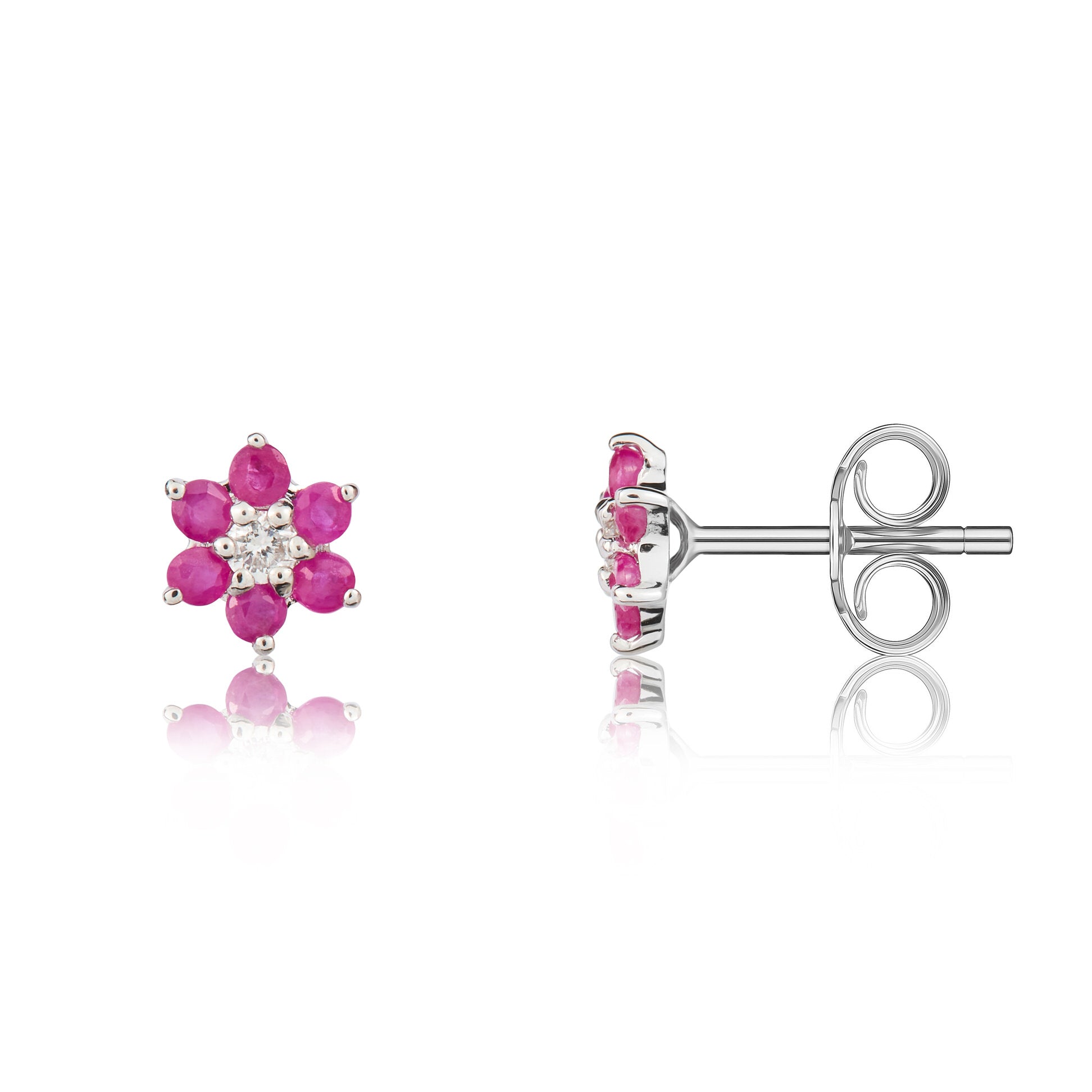 9ct White Gold Round Ruby and Diamond Claw Set Reverse Cluster Earrings