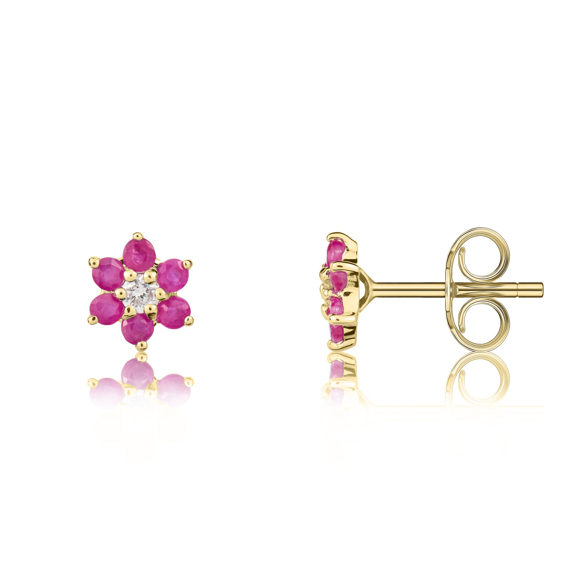 9ct Yellow Gold Round Ruby and Round Diamond 6x1 Reverse Cluster Claw Earrings
