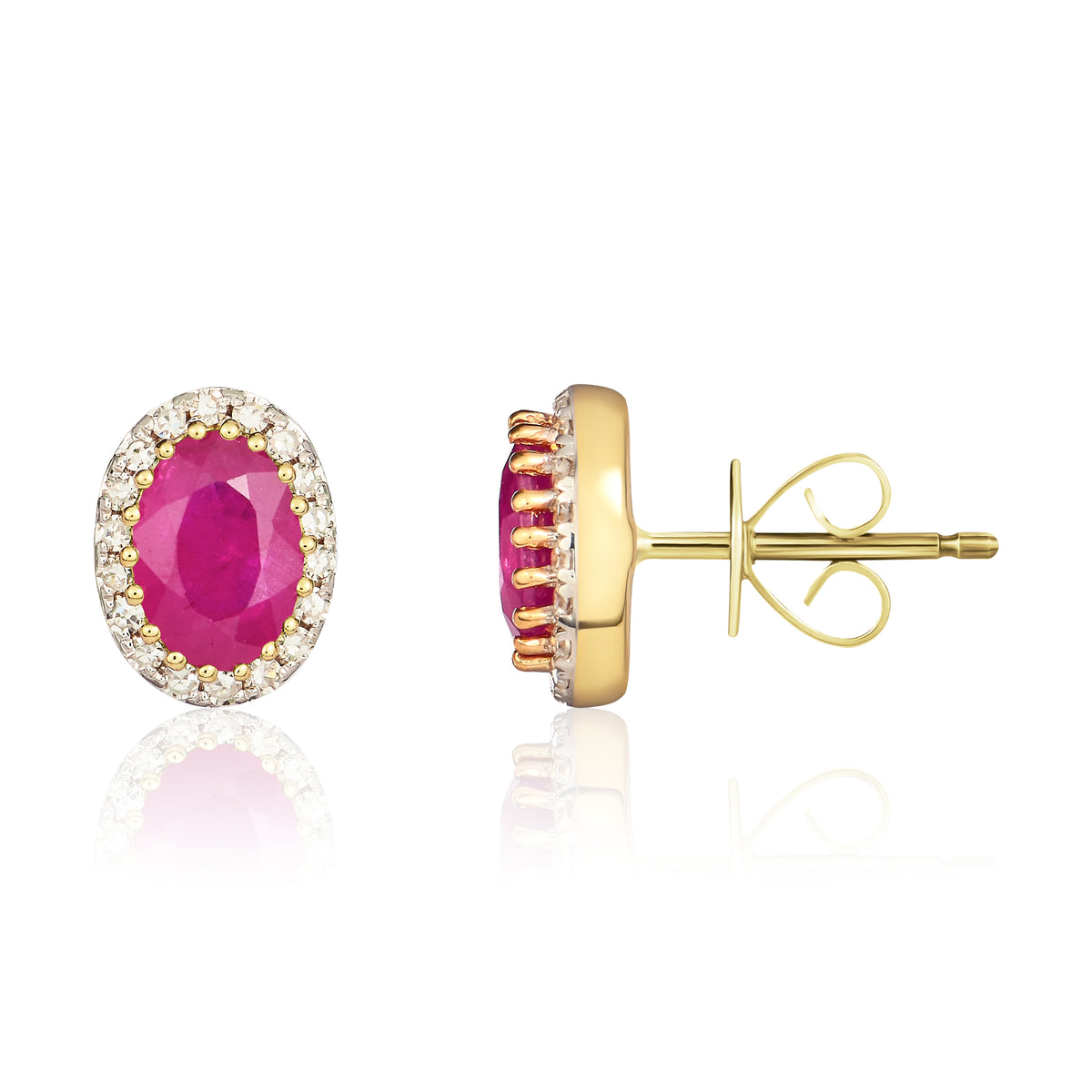 9ct Yellow Gold 6x4 Oval Ruby & Diamond Claw Set Cluster Earrings Rhodium to Diamonds