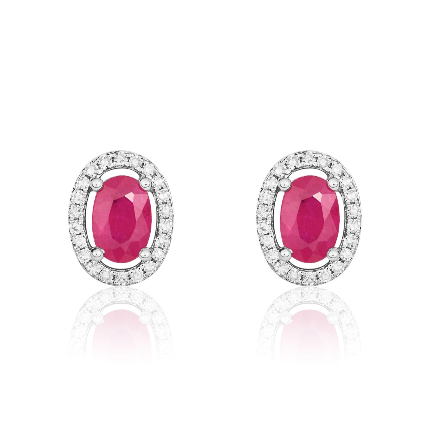 9ct White Gold 6x4 Oval Ruby and Round Diamond Halo Cluster Earrings