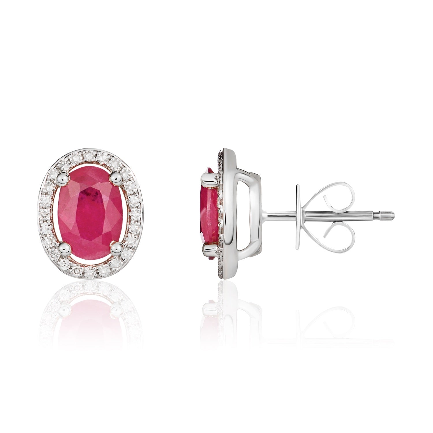 9ct White Gold 7x5 Oval Ruby and Round Diamond Claw Set Halo Cluster Earrings