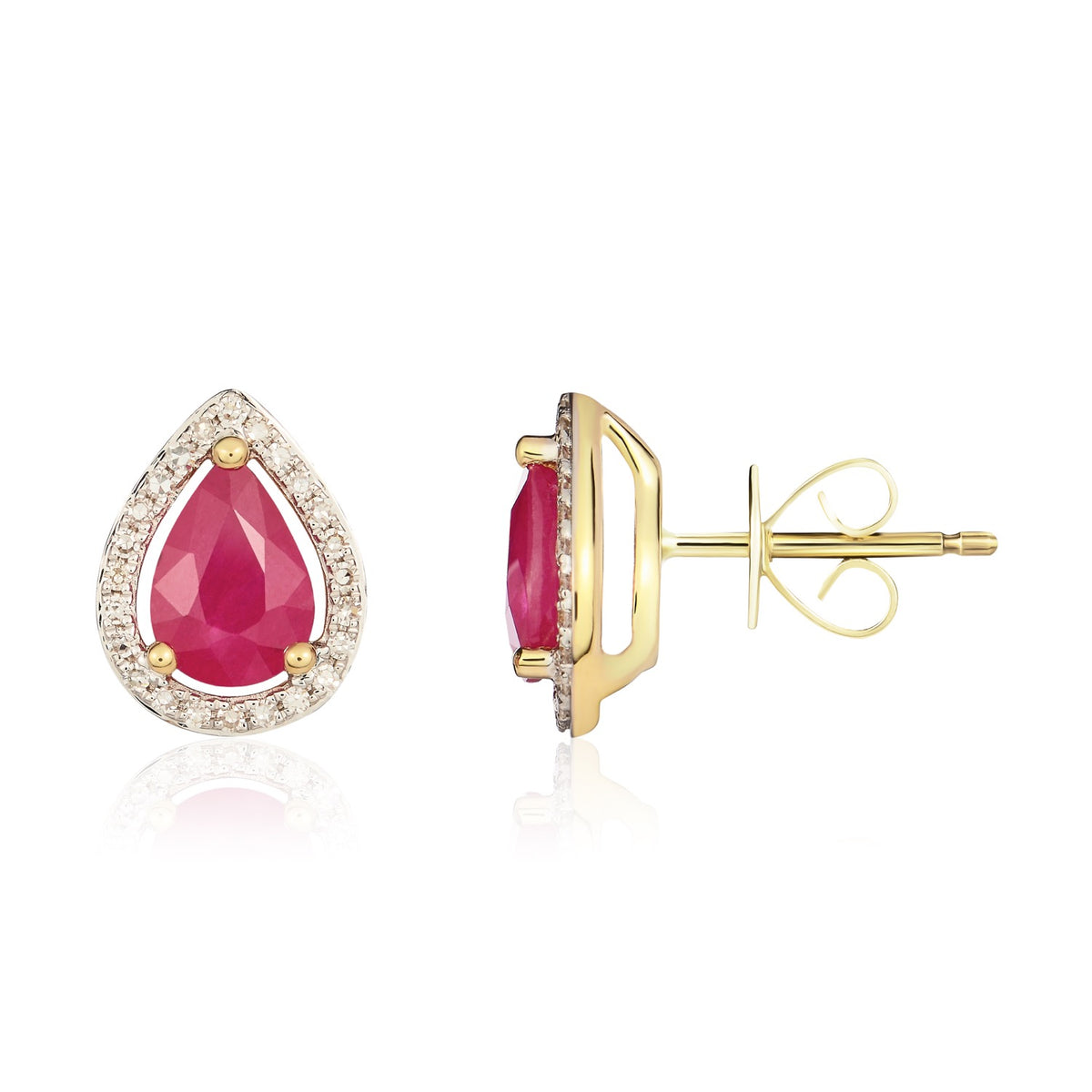 9ct Yellow Gold 7x5 Pear Shape Ruby & Diamond Halo Cluster Earrings Rhodium to Diamonds