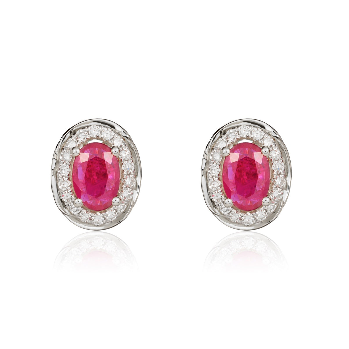 9ct White Gold 6x4 Oval Ruby & Diamond Cluster Earrings with Rope Edge