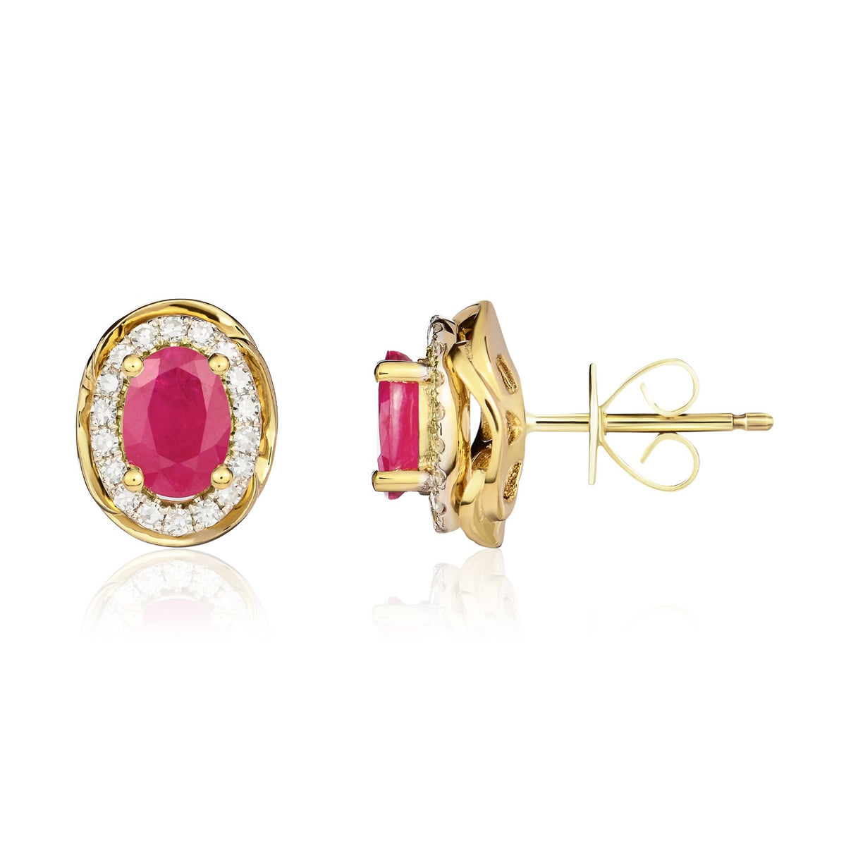 9ct Yellow Gold 7x5 Oval Ruby & Diamond Cluster Earrings with Rope Edge Rhodium to Diamonds