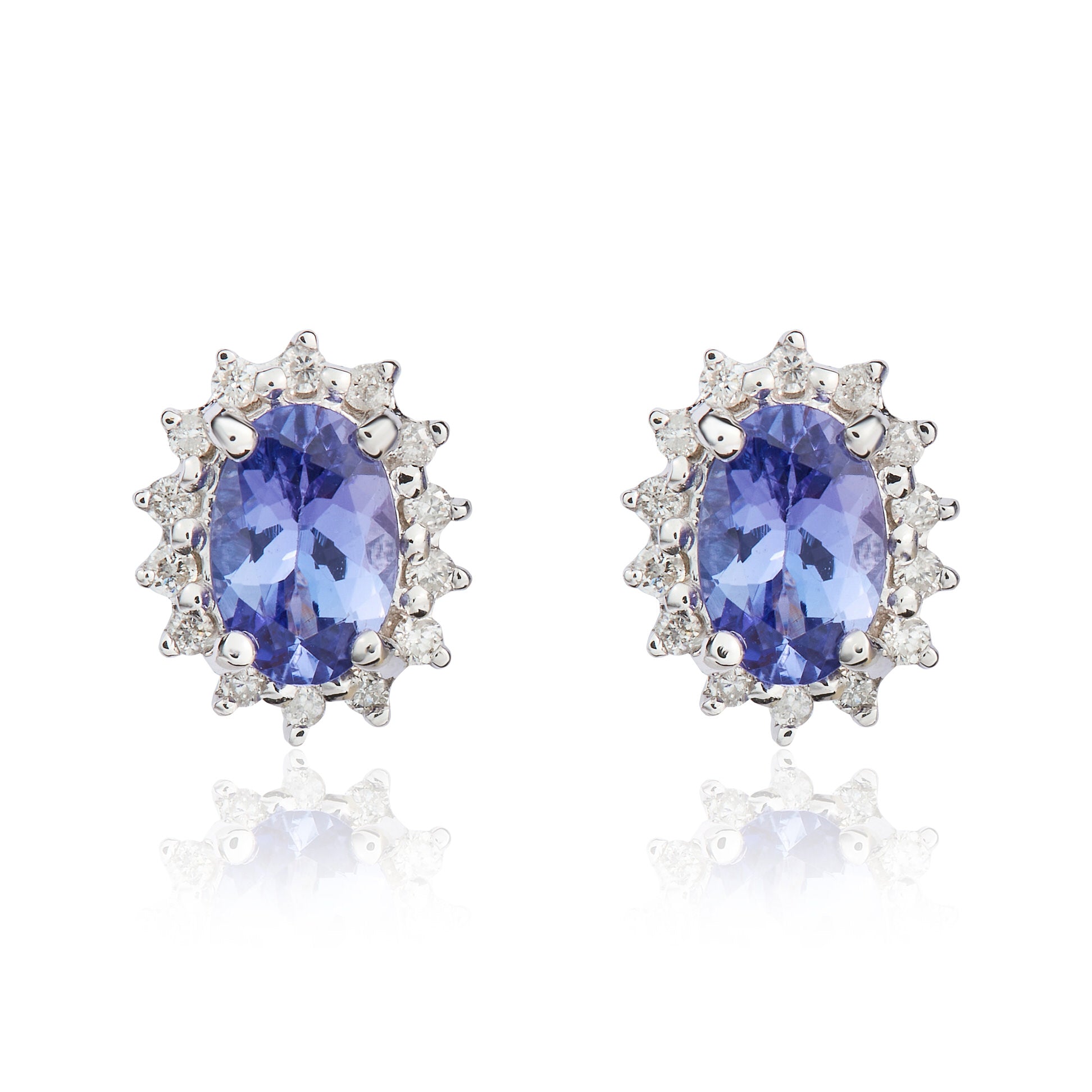 9ct White Gold 6x4 Oval Tanzanite & Diamond Claw Set Cluster Earrings