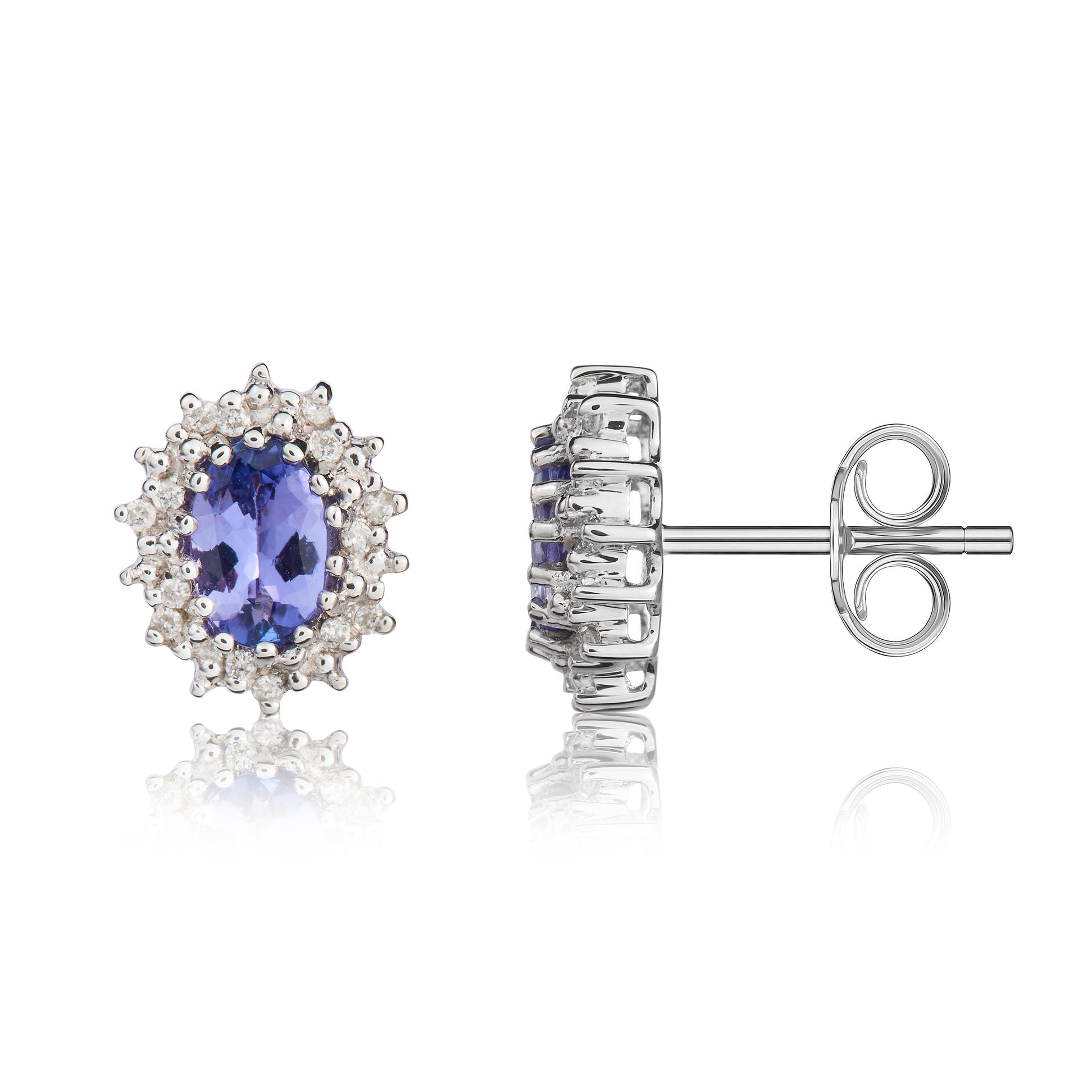 9ct white gold oval Tanz& diamond Clus earrings