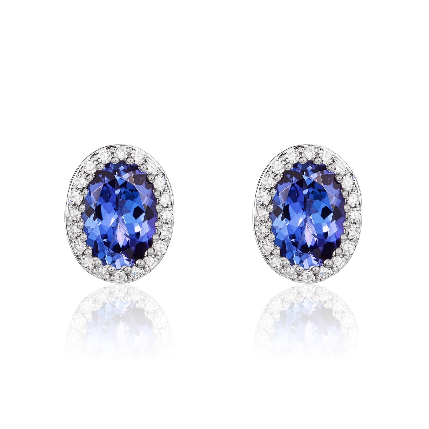 9ct White Gold Oval Tanzanite and Round Diamond Claw Cluster Earrings