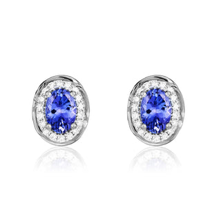 9ct white gold 7 x 5mm Oval Tanzanite & Diamond Cluster Earrings With Rope Edge