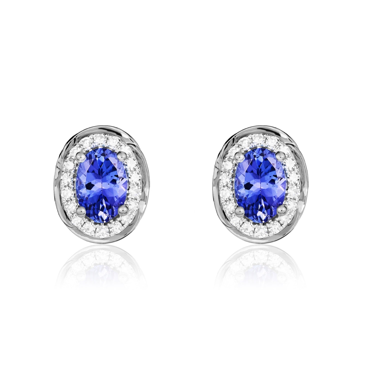 9ct white gold 7 x 5mm Oval Tanzanite & Diamond Cluster Earrings With Rope Edge