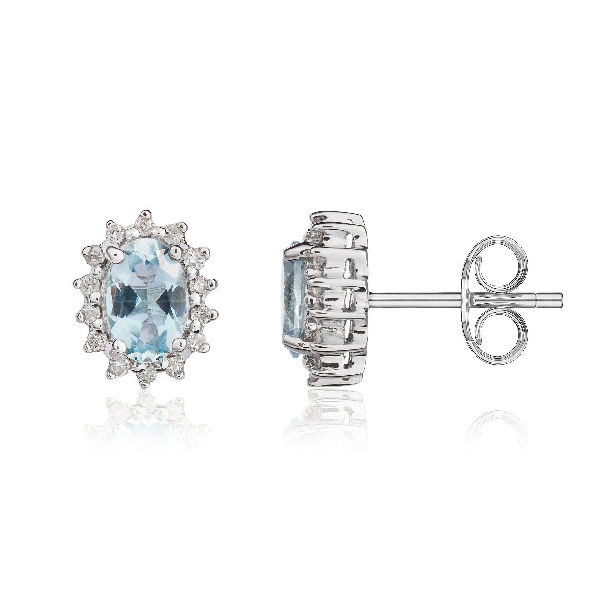 9ct White Gold 6x4 Oval Aquamarine & Diamond Claw Set Cluster Earrings