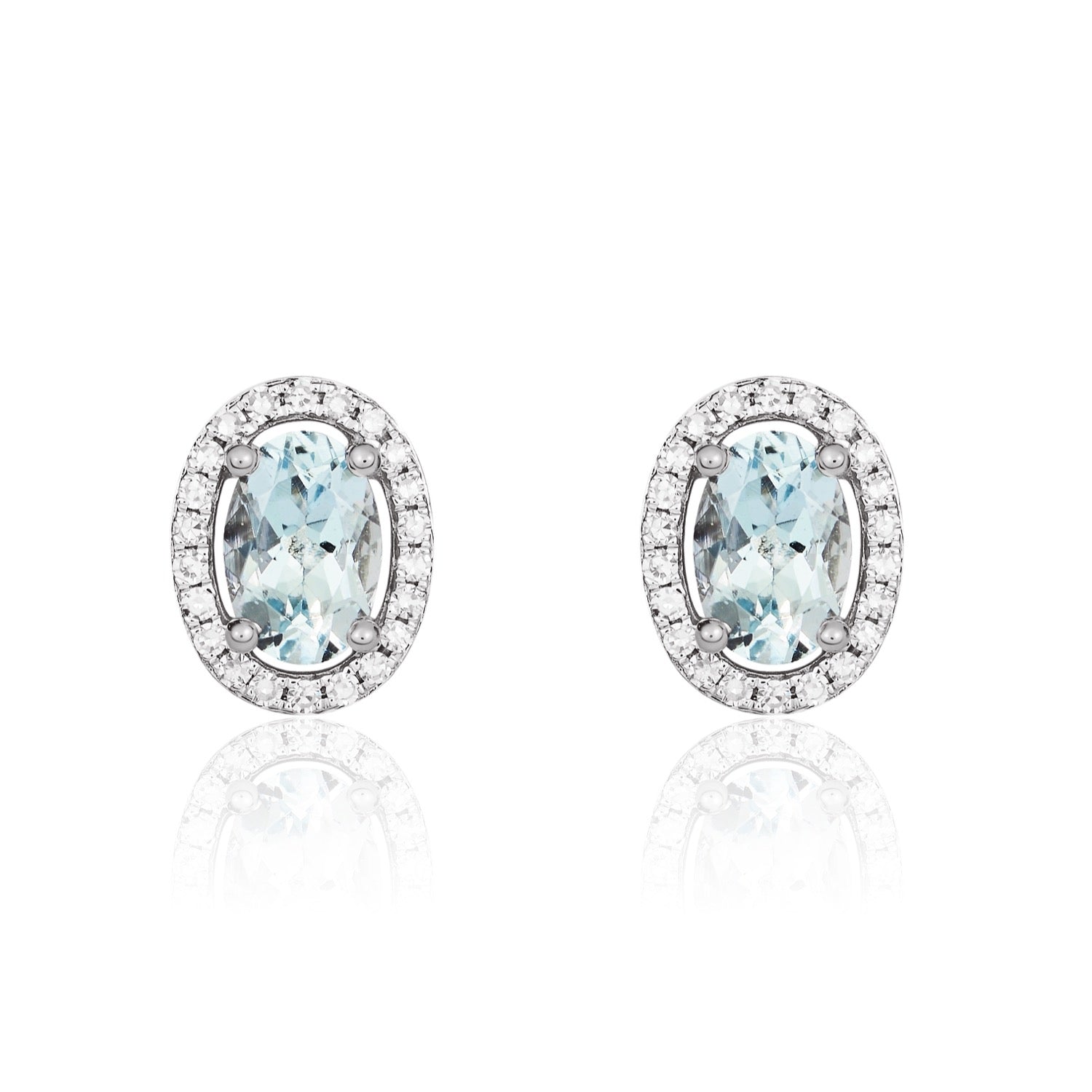 9ct White Gold 6x4 Oval Aquamarine and Round Diamond Halo Cluster Earrings