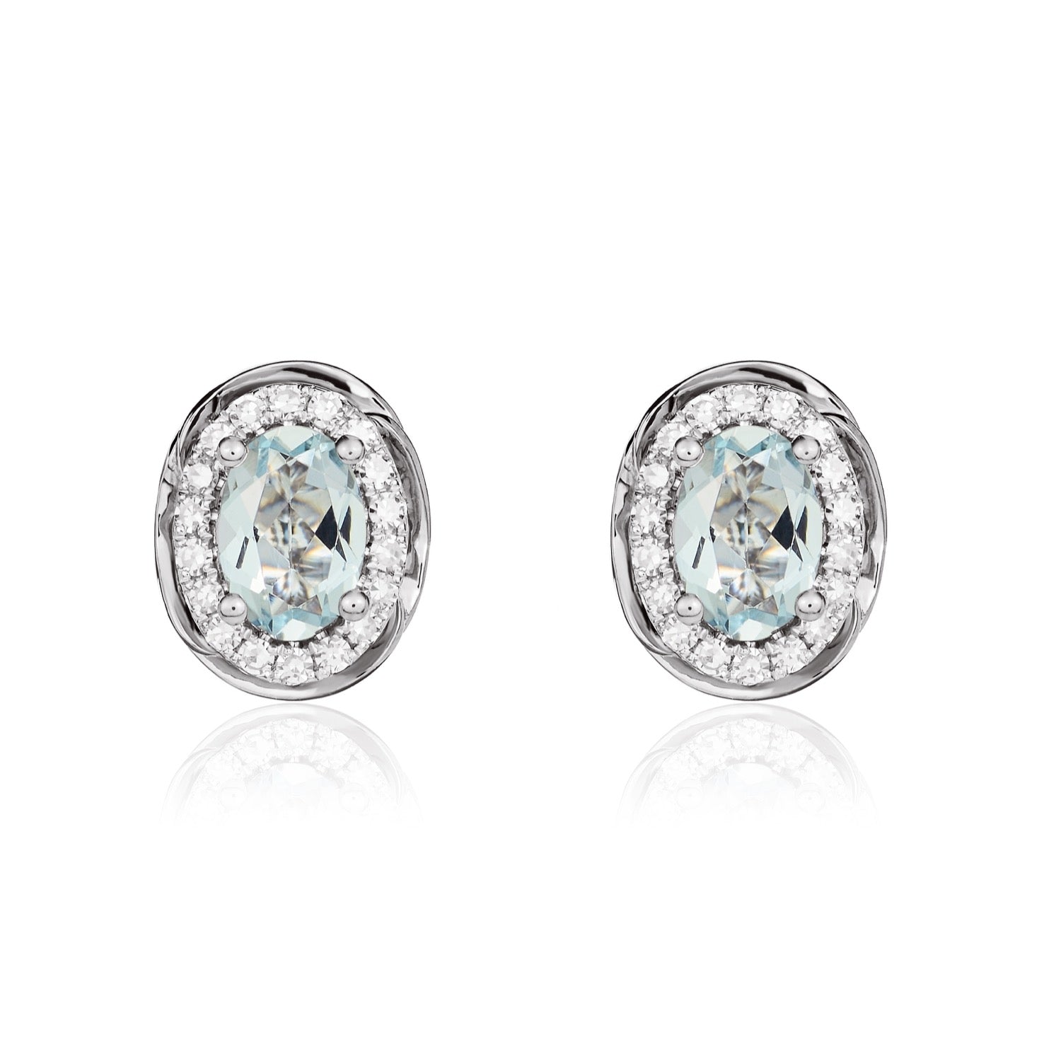 9ct White Gold 6x4 Oval Aquamarine & Diamond Cluster Earrings with Rope Edge