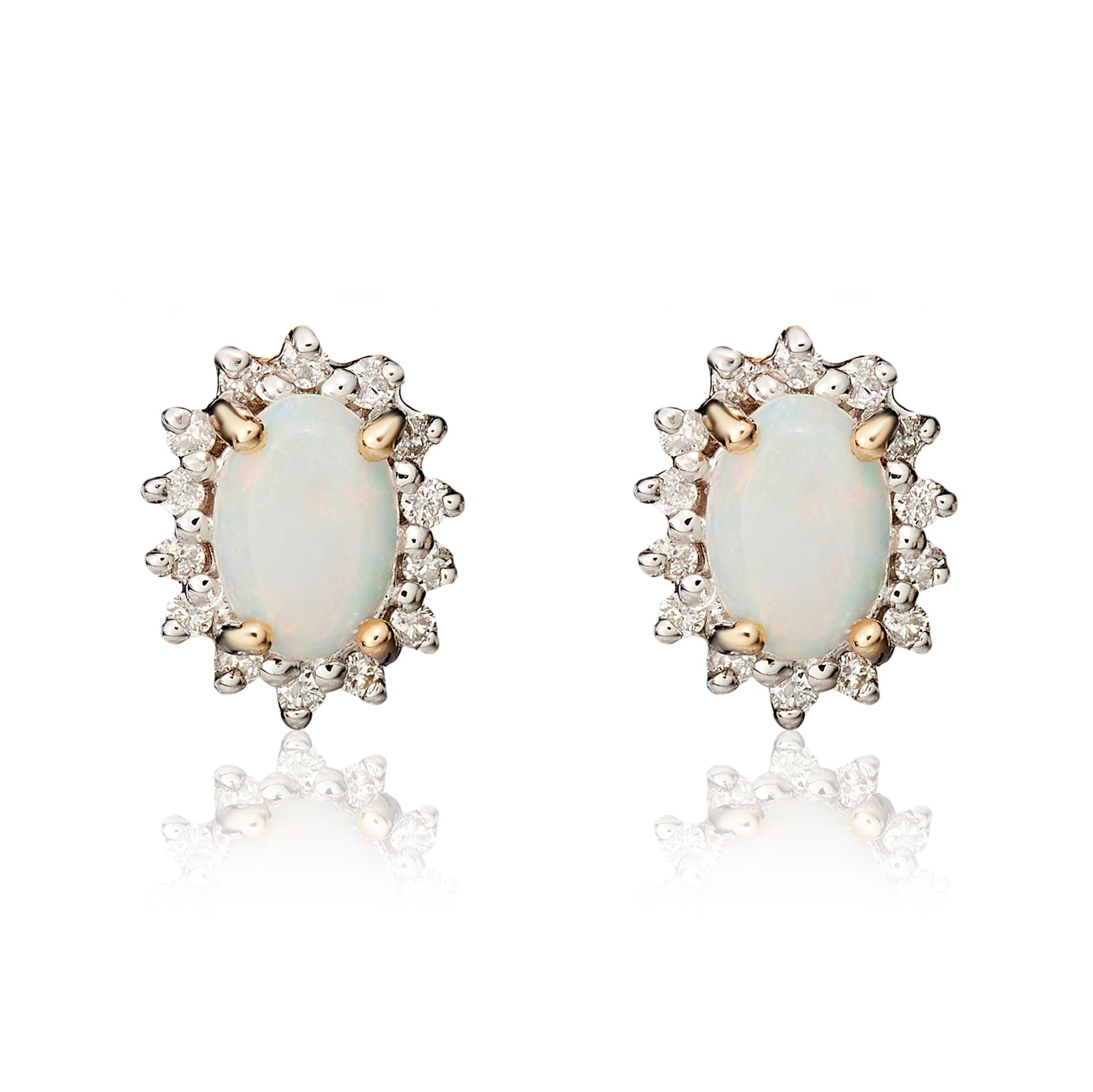9ct Yellow Gold 6x4 Oval Opal & Diamond Claw Set Cluster Earrings Rhodium to Diamonds