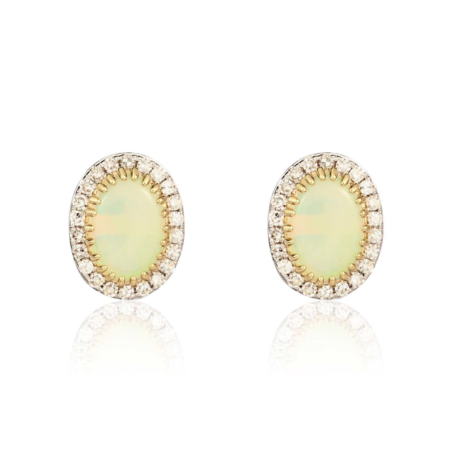 9ct Yellow Gold Oval Opal and Round Diamond Claw Set Cluster Earrings