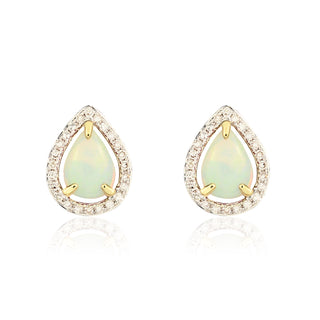 9ct yellow gold 7 x 5mm Pearshape Opal & Diamond Halo Cluster Earrings. Rhodium