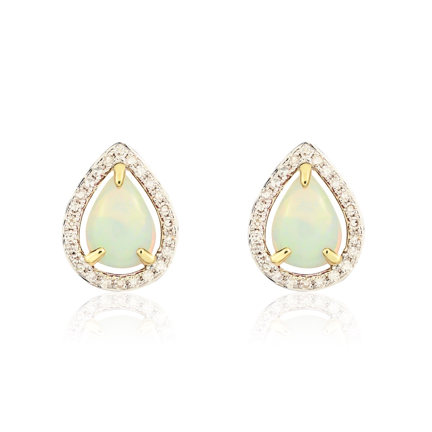9ct yellow gold 7 x 5mm Pearshape Opal & Diamond Halo Cluster Earrings. Rhodium