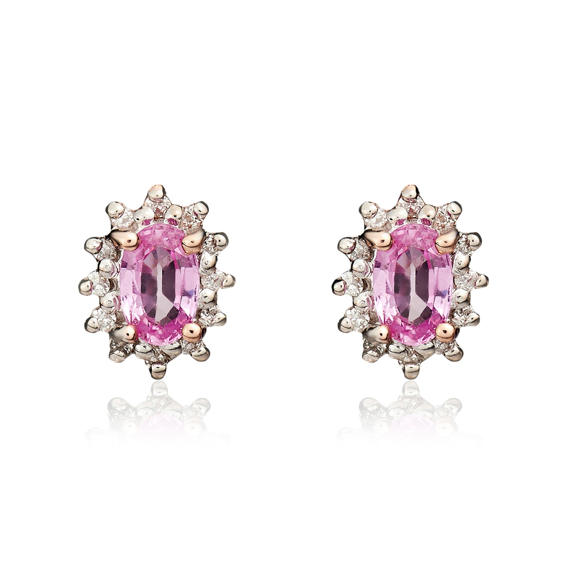 9ct Rose Gold 5x3 Oval Pink Sapphire & Diamond Claw Set Cluster Earrings Rhodium to Diamonds