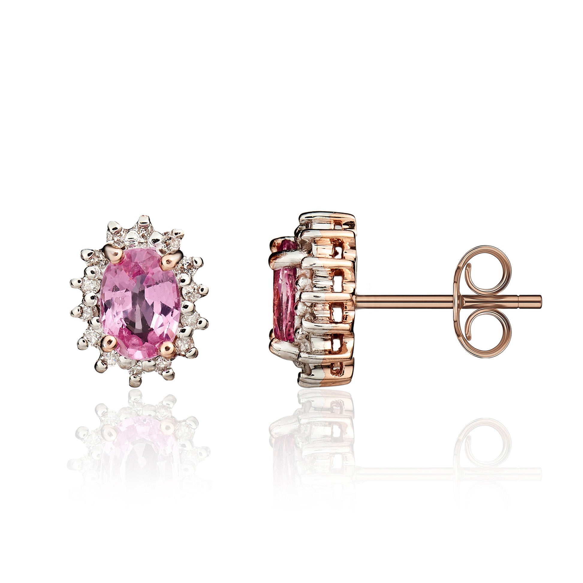 9ct Rose Gold 6x4 Oval Pink Sapphire and Diamond Claw Set Cluster Earrings Rhodium to Diamonds