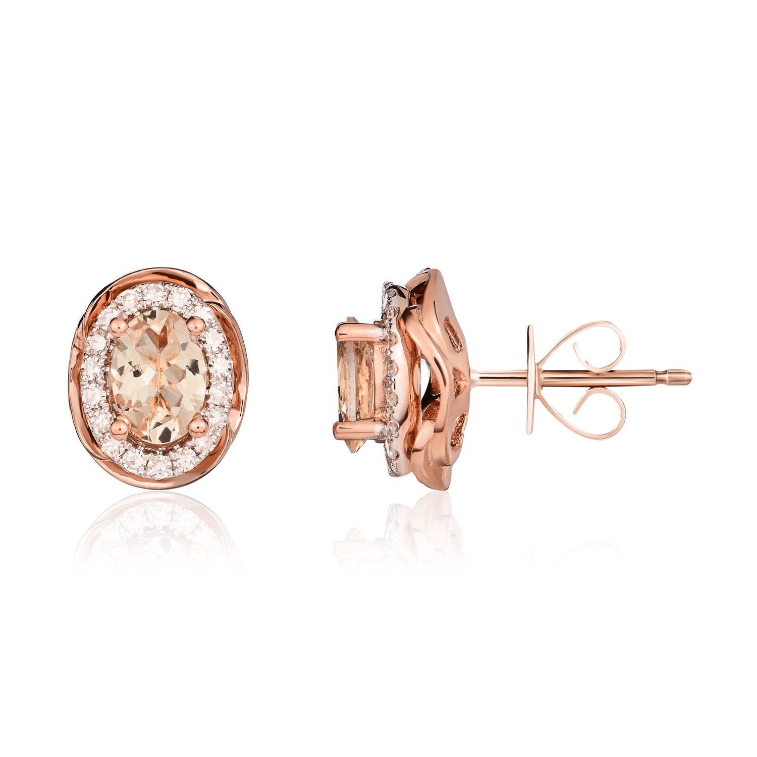 9ct rose gold 6 x 4mm Oval morganite & Diamond Cluster Earrings With Rope Edge