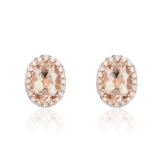 9ct Rose Gold Oval morganite And Round Diamond Claw Cluster Earrings