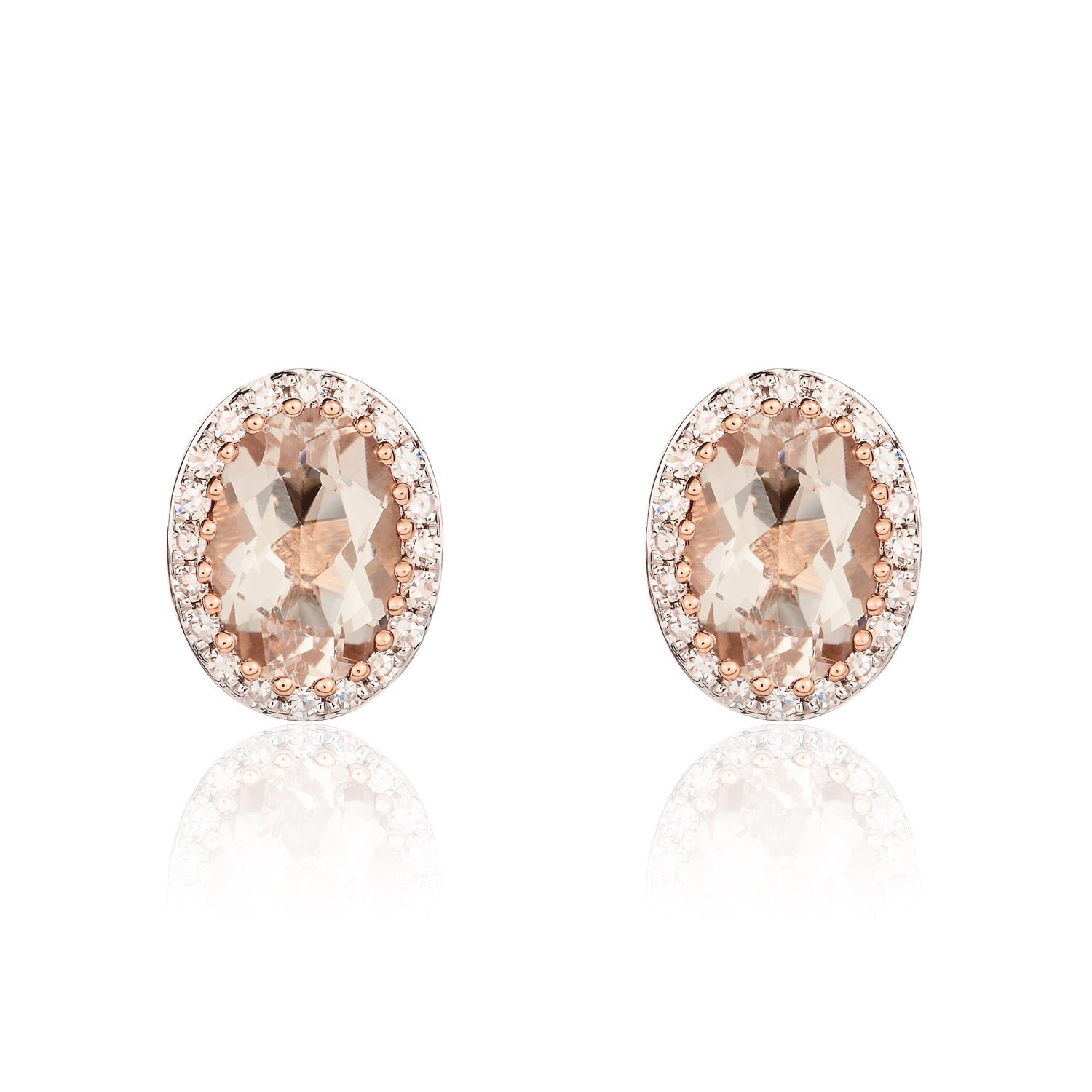 9ct Rose Gold Oval morganite And Round Diamond Claw Cluster Earrings