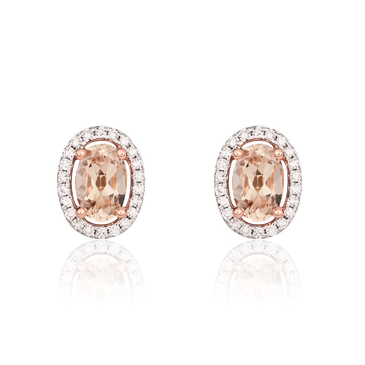 9ct rose gold 6 x 4mm Oval morganite And Round Diamond Halo Cluster Earrings.R
