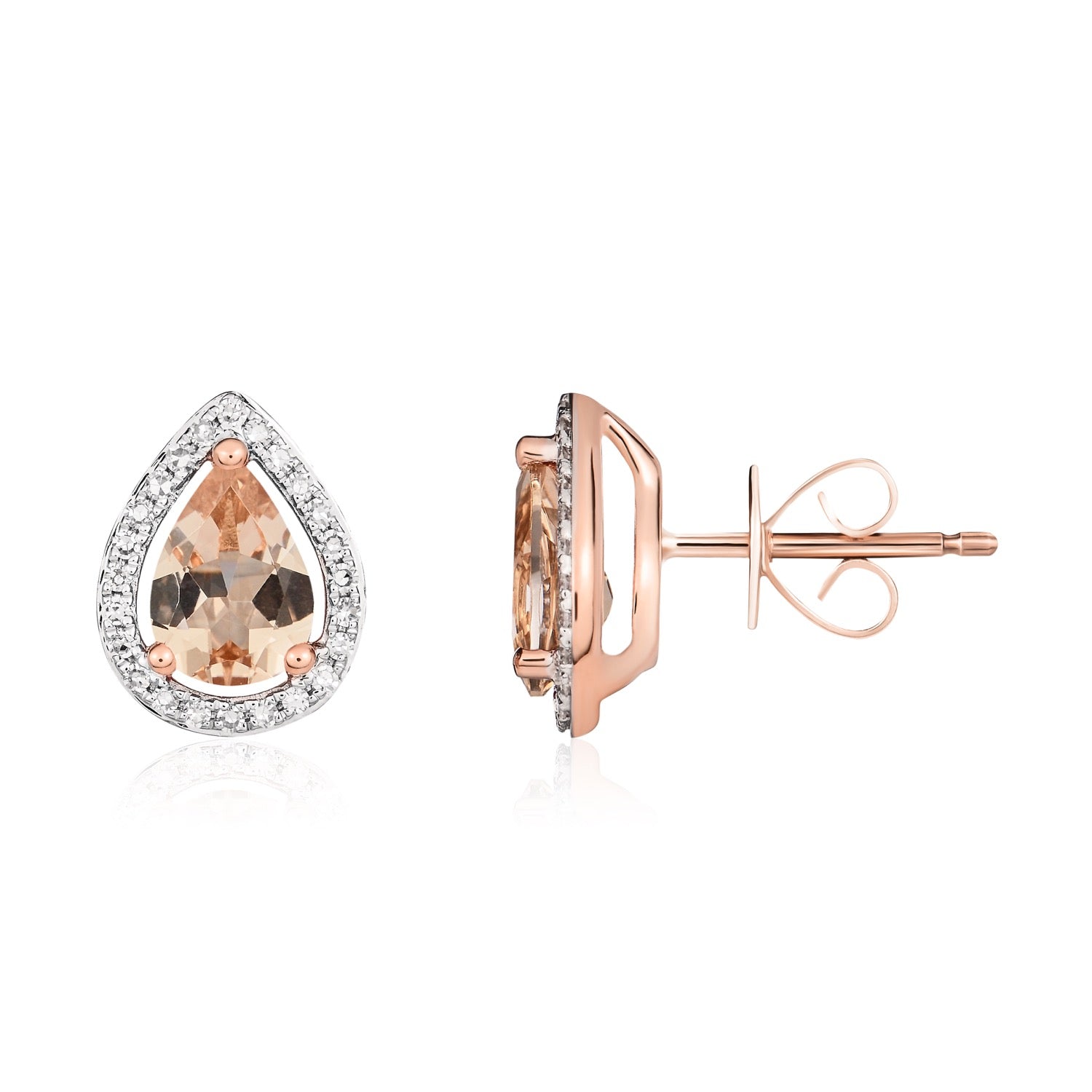 9ct Rose Gold 7x5 Pear Shape Morganite & Diamond Halo Cluster Earrings Rhodium to Diamonds