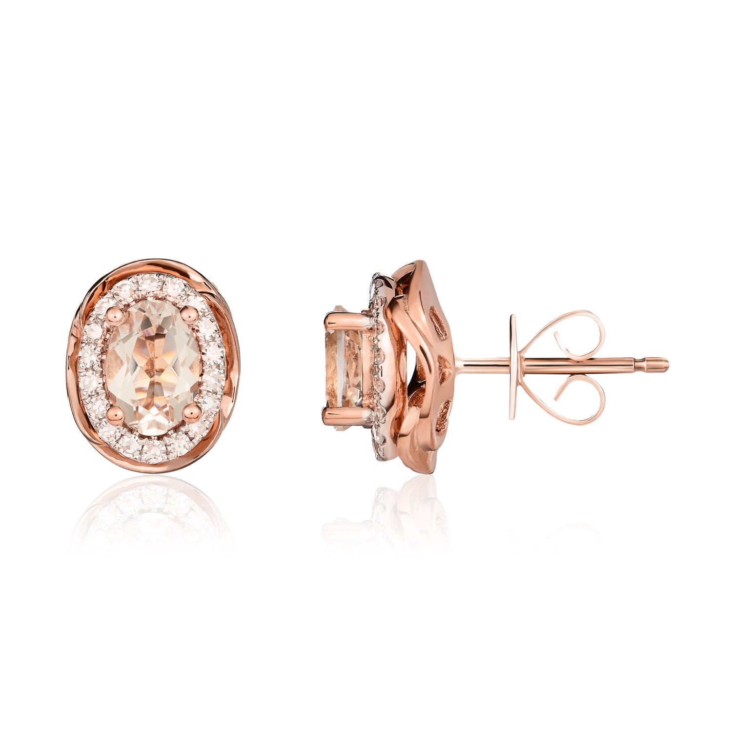 9ct rose gold 7 x 5mm Oval morganite & Diamond Cluster Earrings With Rope Edge