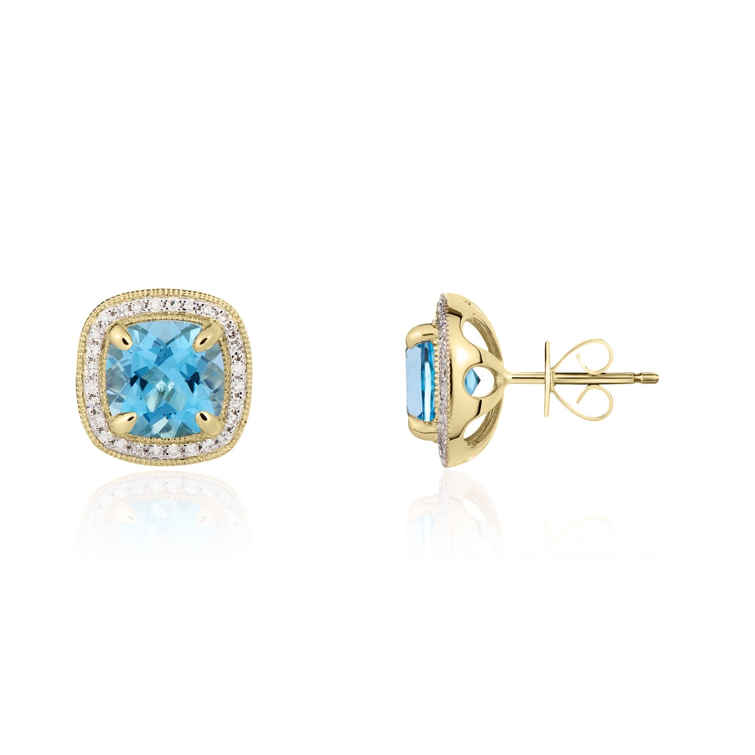 9ct Yellow Gold 7mm Cushion Swiss Blue Topaz and Diamond Cluster Earrings with Milgrain Edge Rhodium to Diamonds