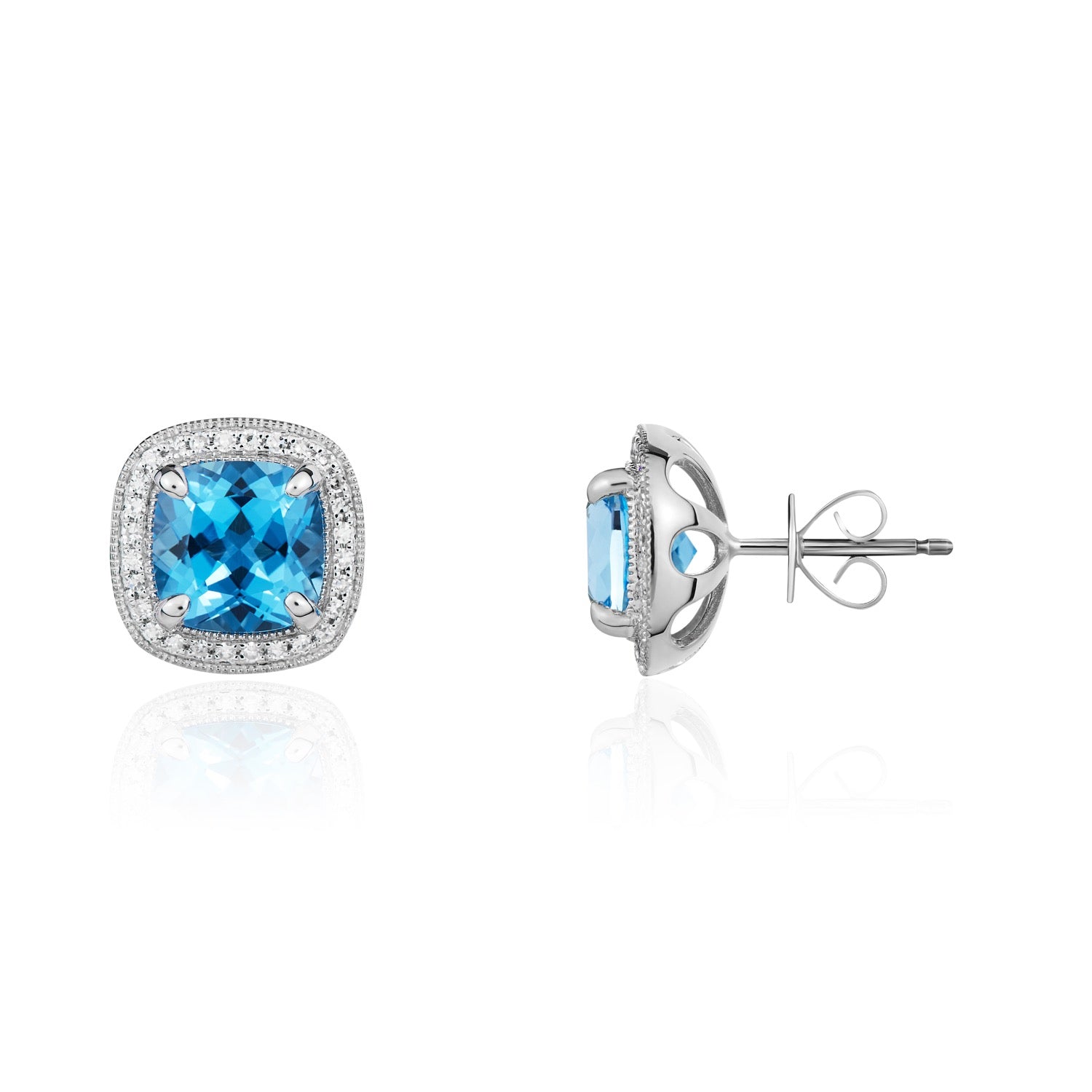 9ct White Gold 7mm Cushion Swiss Blue Topaz and Diamond Cluster Earrings with Milgrain Edge