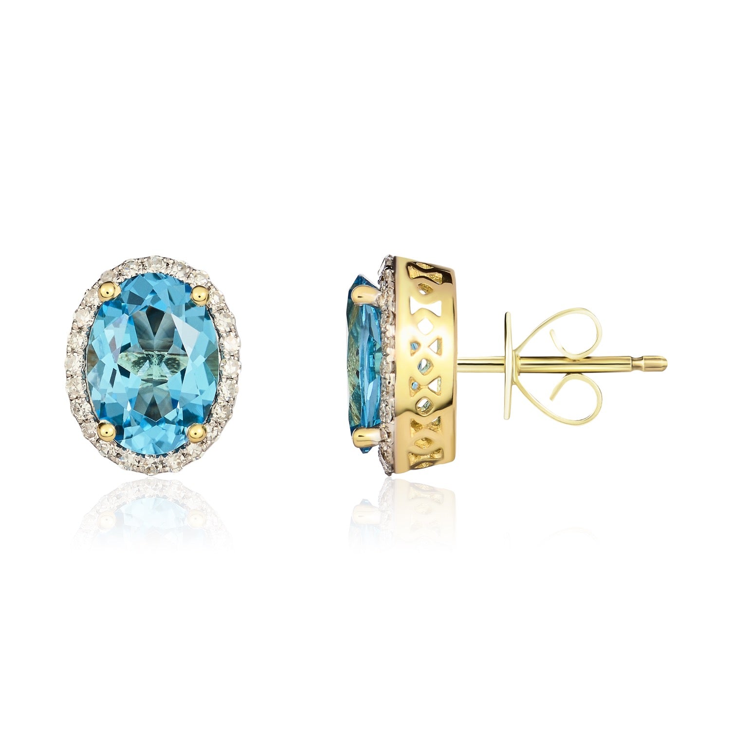 9ct Yellow Gold 8x6 Oval Swiss Blue Topaz & Diamond Claw Set Cluster Earrings Rhodium to Diamonds