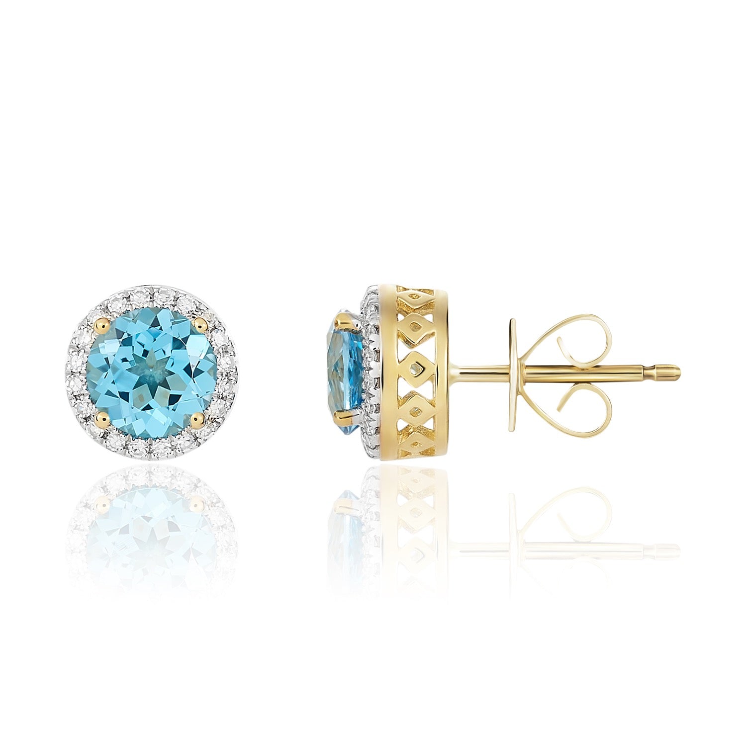 9ct Yellow Gold 6mm Round Swiss Blue Topaz and Diamond Claw Cluster Earrings Rhodium to Diamonds