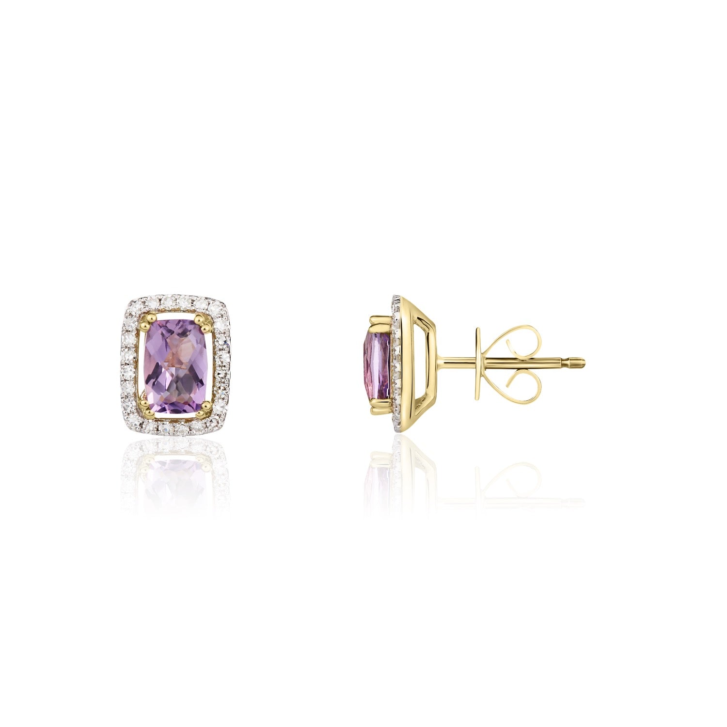 9ct Yellow Gold Octagonal Cushion Amethyst & Diamond Cluster Earrings